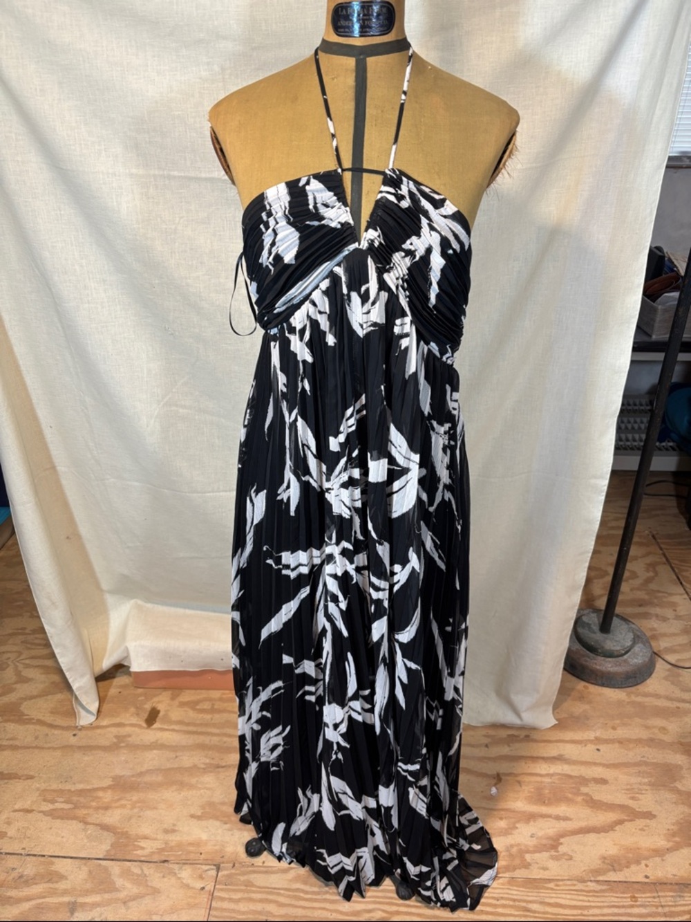White House Black Market Black and White Halter-Style Pleated Maxi Dress - nwt